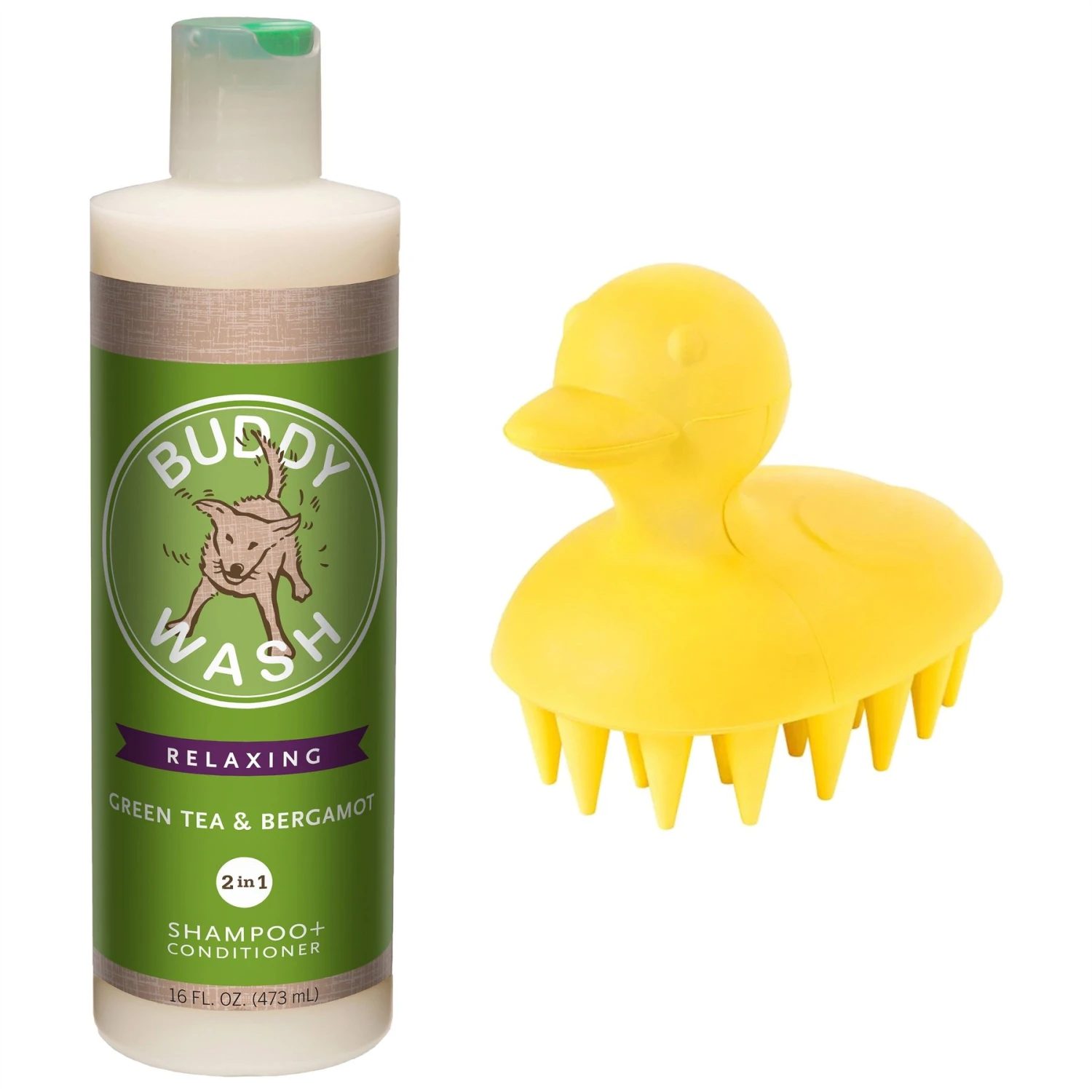 Buddy Wash Relaxing Green Tea & Bergamot Dog Shampoo & Conditioner & Frisco Rubber Duckie Dog & Cat Curry Brush 1 Buddy Wash Relaxing Green Tea & Bergamot Dog Shampoo & Conditioner & Frisco Rubber Duckie Dog & Cat Curry Brush