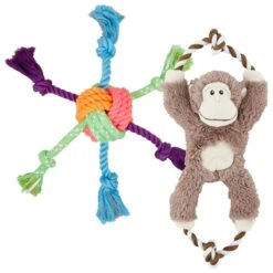 Frisco Fetch Colorful Ball Knot Rope Dog Toy & Frisco Monkey Plush With Rope Squeaky Dog Toy